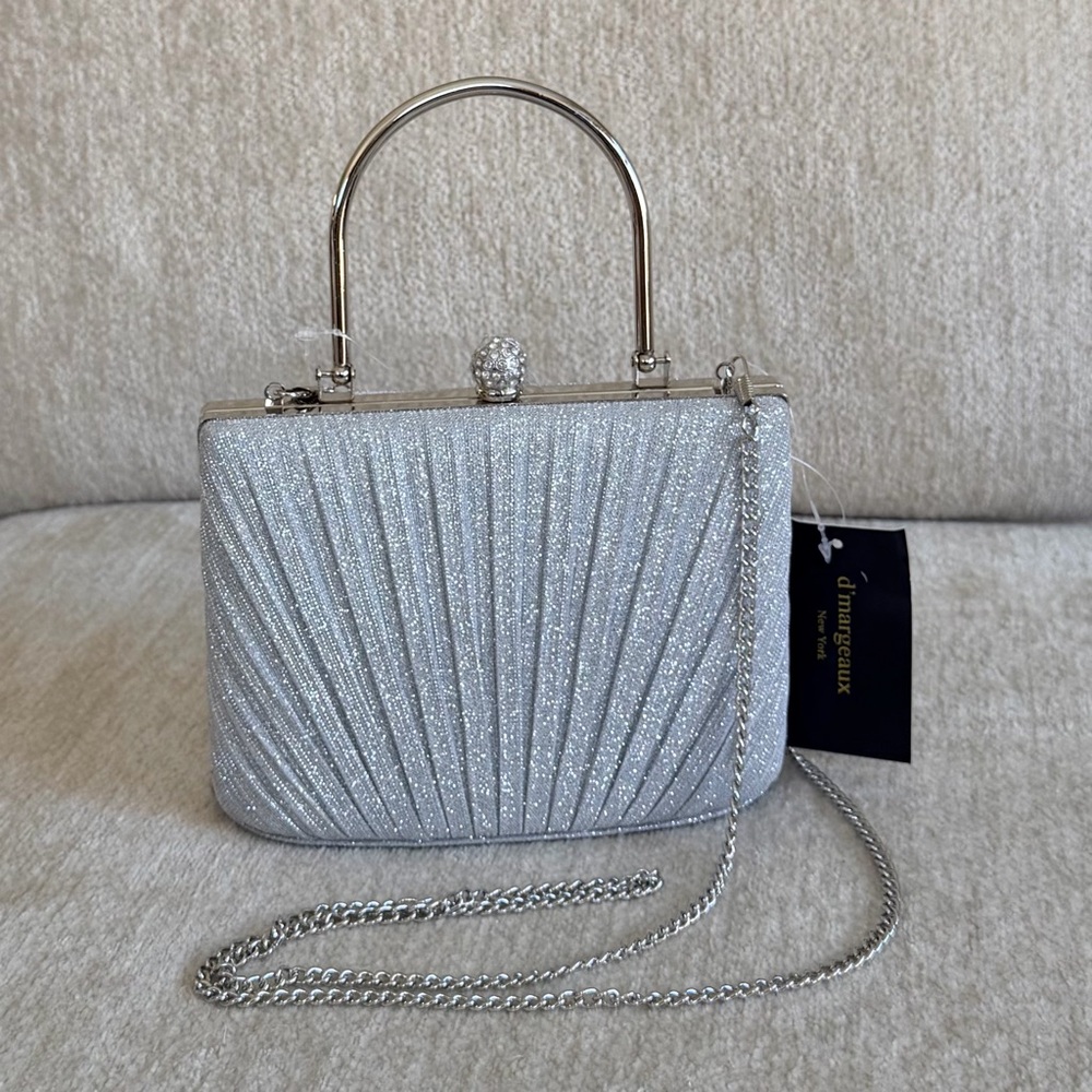 D’margeaux Elegant Silver Glitter Evening Clutch with Chain